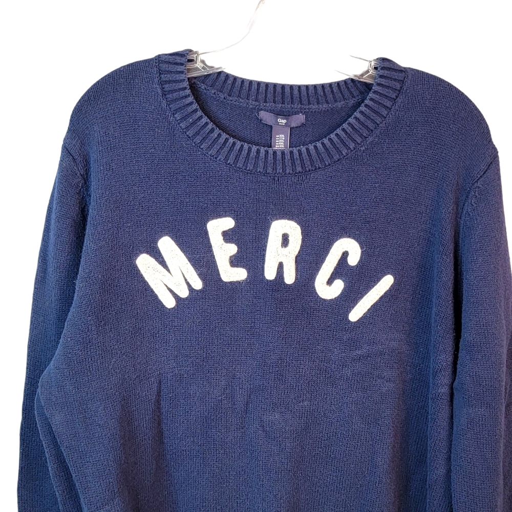 Gap Vintage Y2K Merci Spell Out Embroidered Letterman Style Sweater Men's XXL - Picture 2 of 9